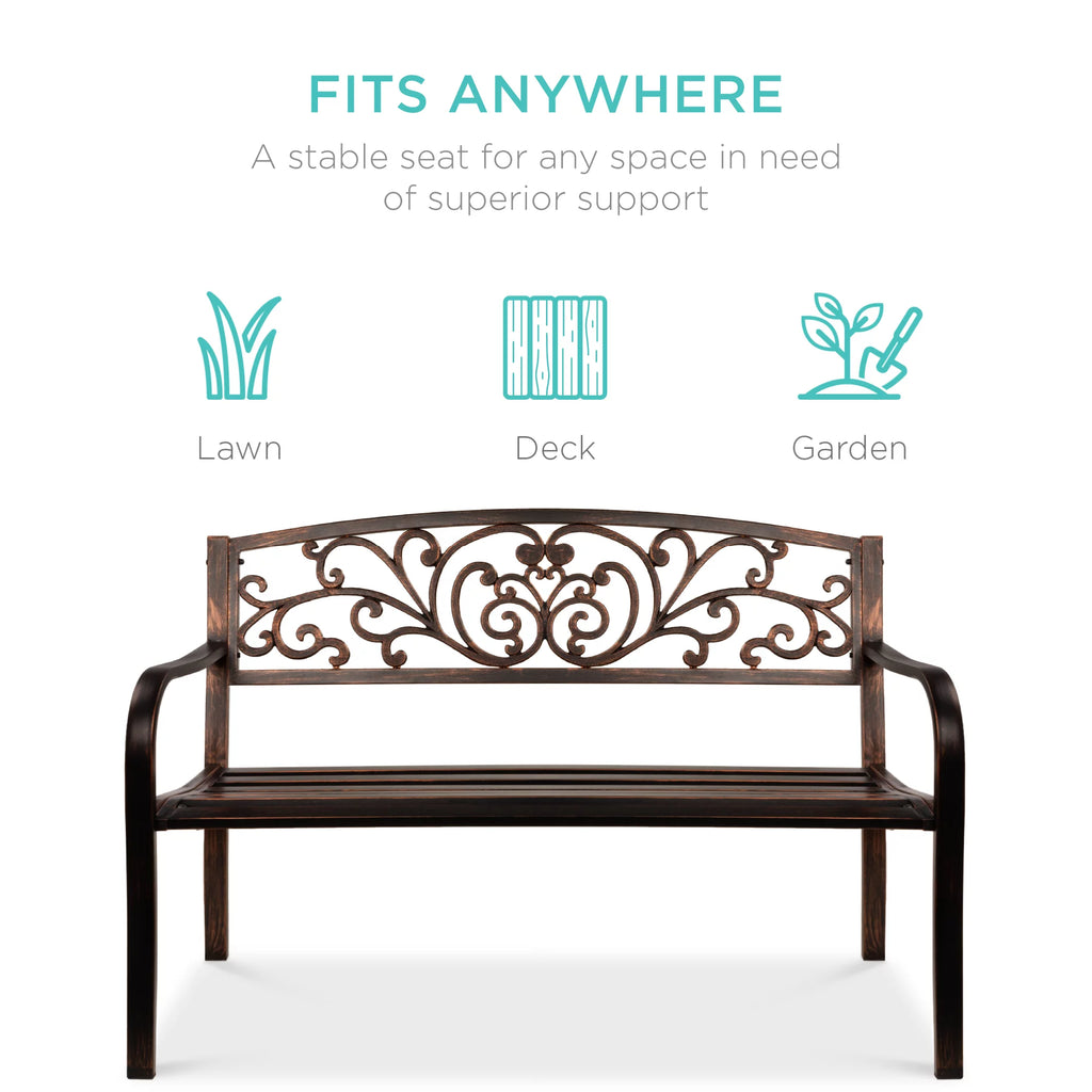 Outdoor Steel Bench Garden Patio Porch Furniture with Floral Design Backrest N810