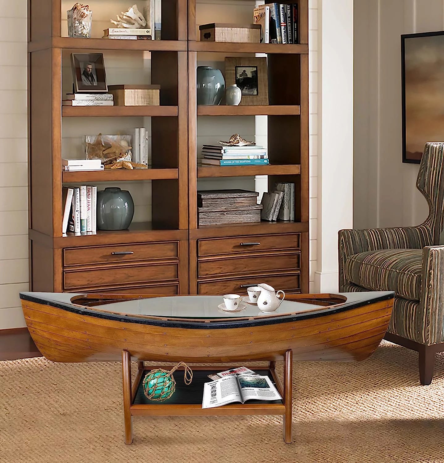 Wooden Boat Canoe Coffee Table Nautical Coastal Decor V68604