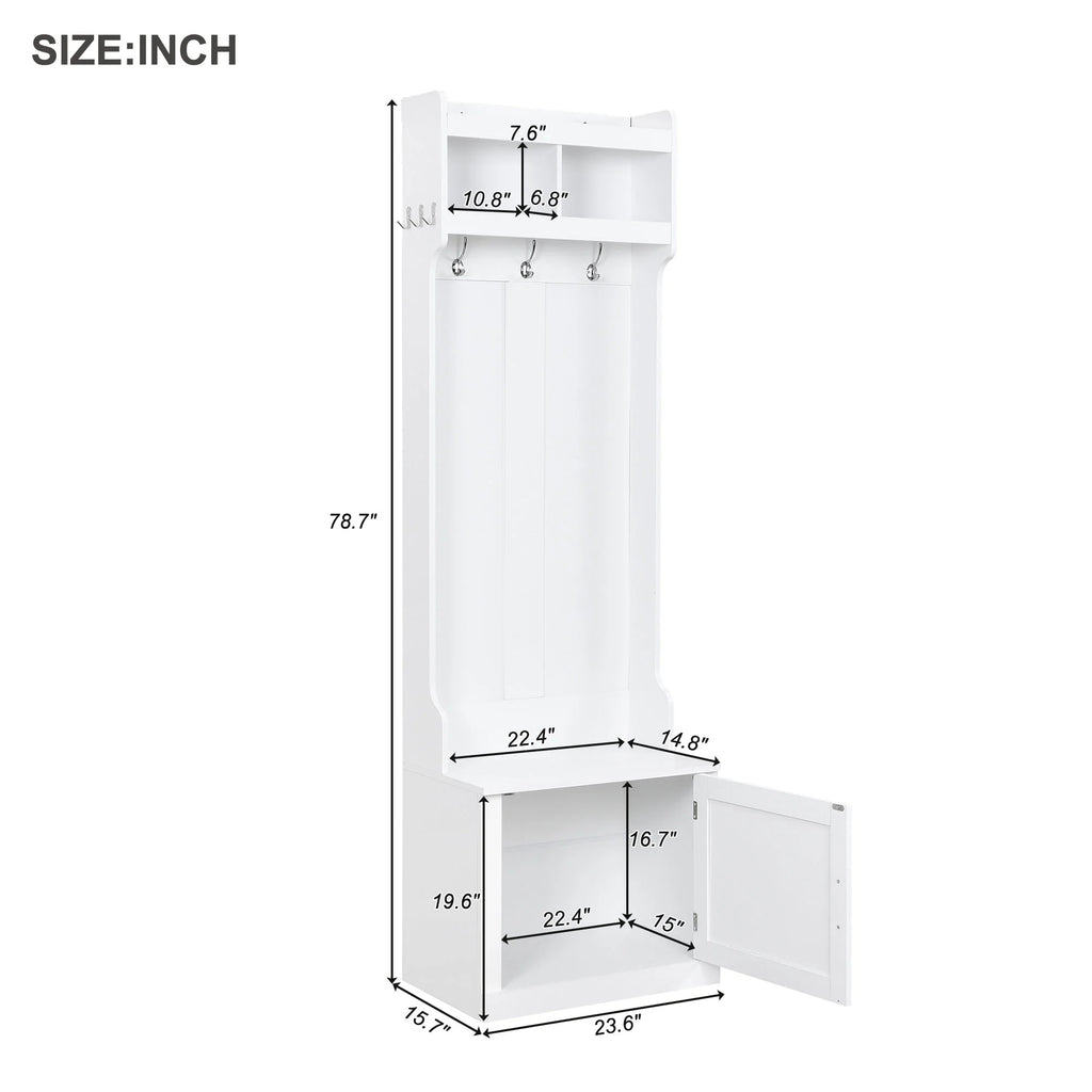 Minimalist Hall Tree with Cabinet & 6 Hanging Hooks, Storage Bench with Coat Rack, White F392546
