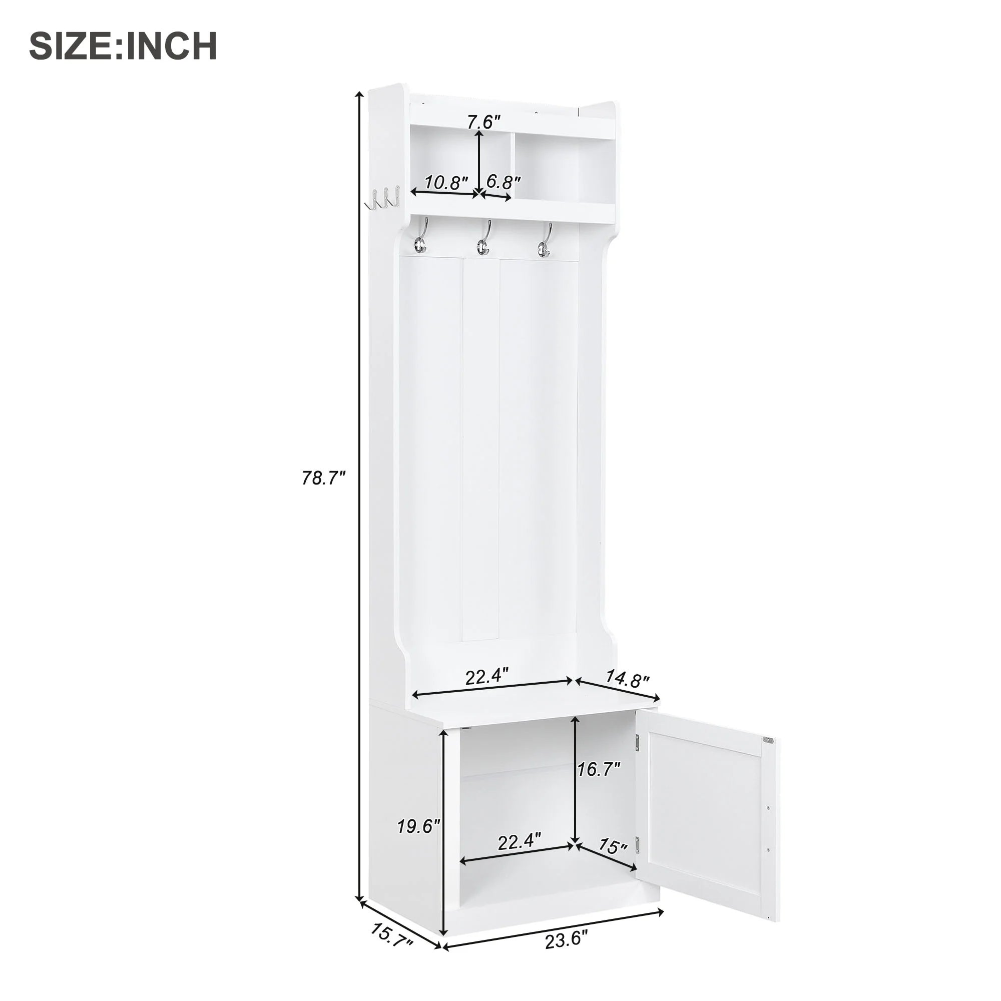 Minimalist Hall Tree with Cabinet & 6 Hanging Hooks, Storage Bench with Coat Rack, White F392546