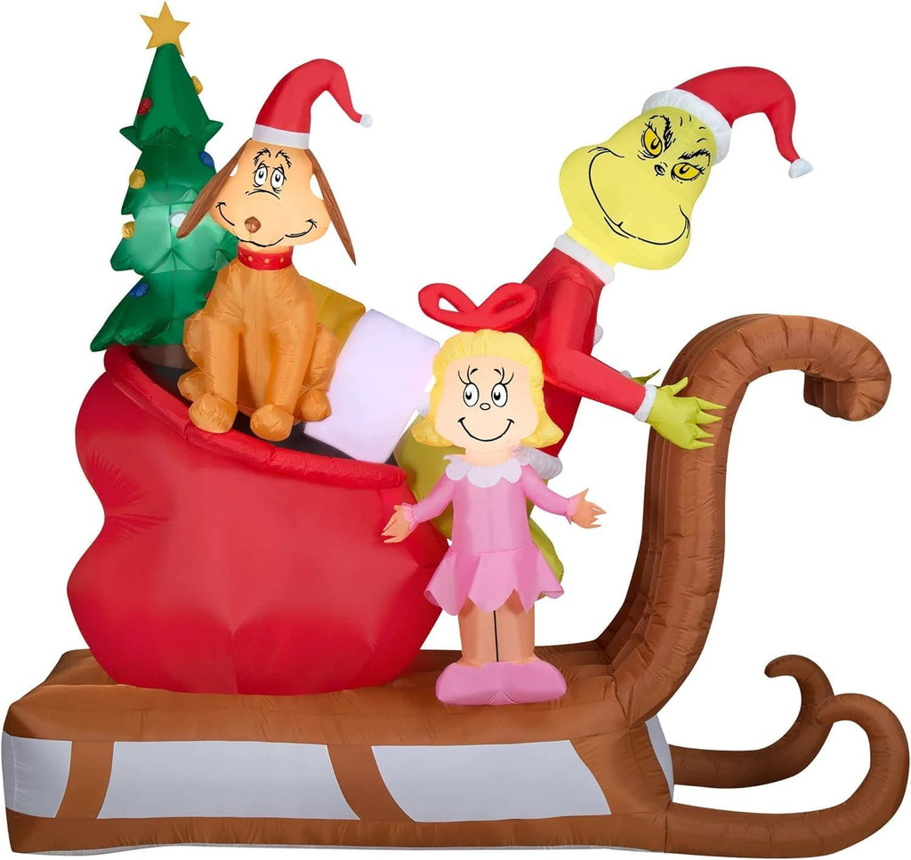 9FT Airblown Inflatable Grinch w/Max and Cindy Lou Who on Sleigh Scene Inflatable Chrsitmas Decor