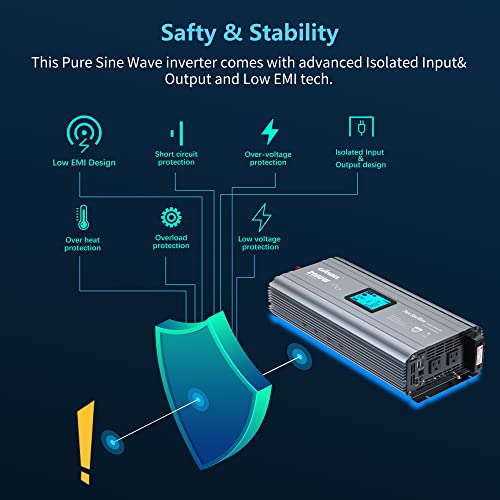 2000W Pure Sine Wave Power Inverter DC 12V to AC 120V with LCD Display and Remote Controller U48008