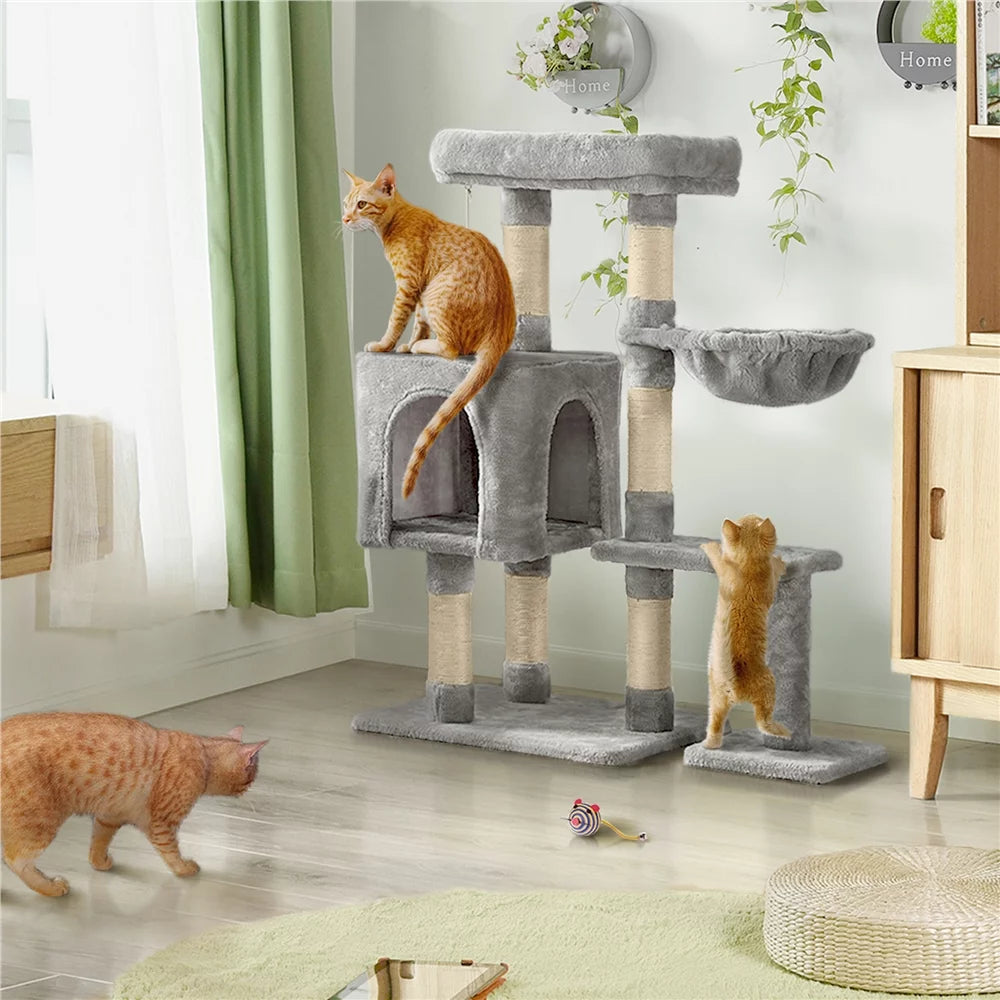 Cat Tree with Condo Perch Basket and Scratchers, Light Gray H7967