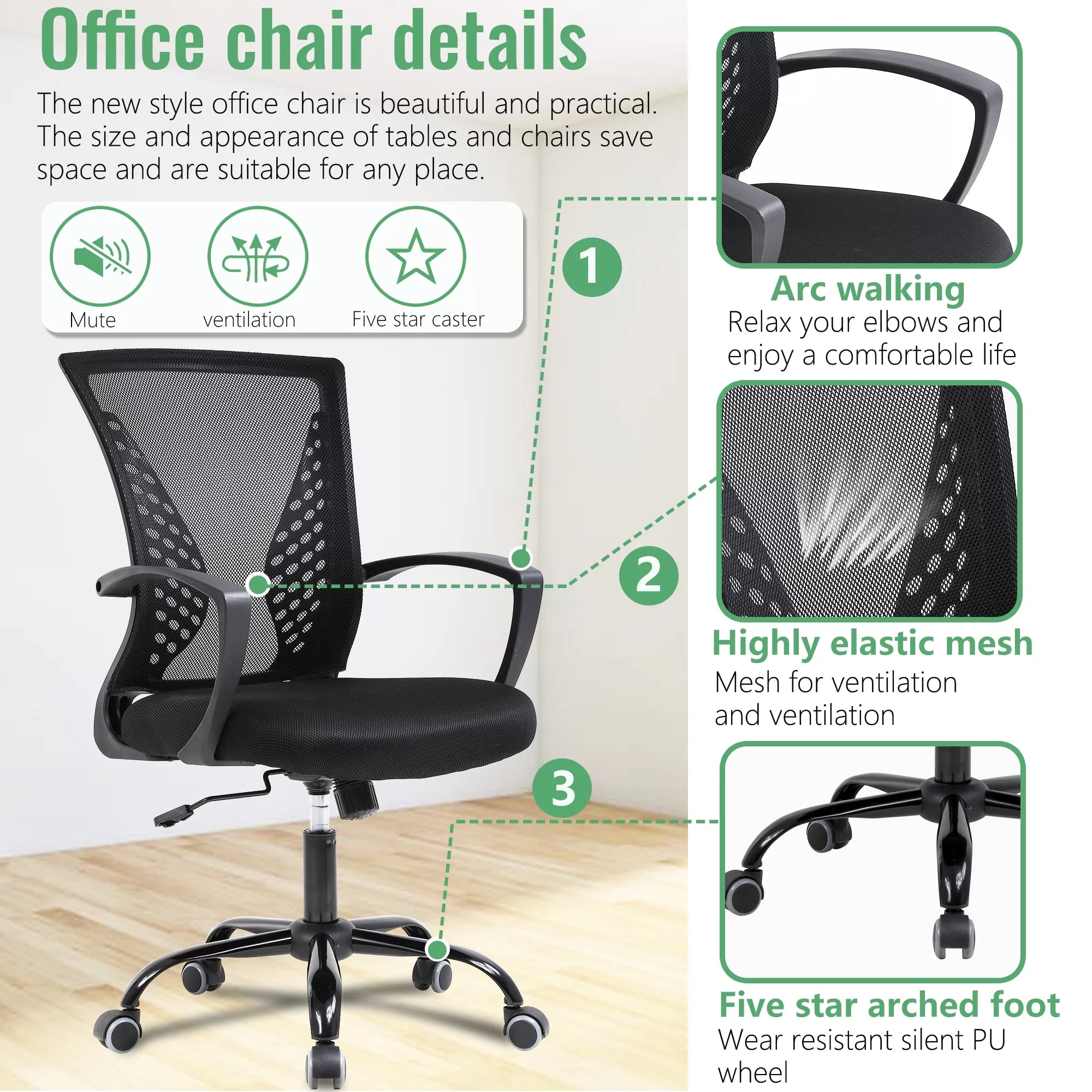 Mesh Office Chair Ergonomic Computer Chair with Swivel & Lumbar Support, Black H29443