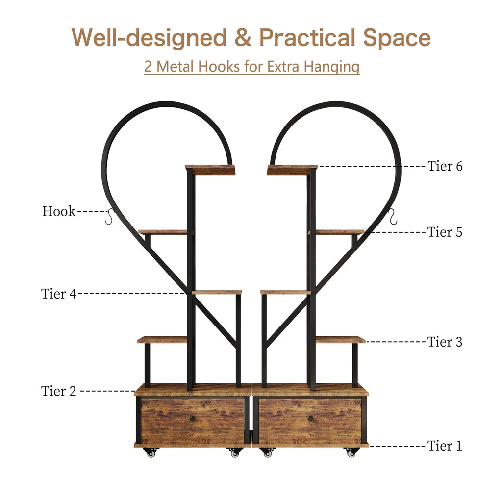 6-Tier Heart-Shape Plant Stand with Drawer and Rollers, Metal and Wood, Indoor Home Decor, 2-Pack I4348