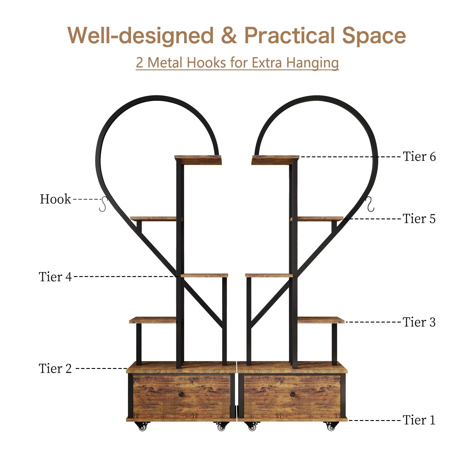 6-Tier Heart-Shape Plant Stand with Drawer and Rollers, Metal and Wood, Indoor Home Decor, 2-Pack I4348