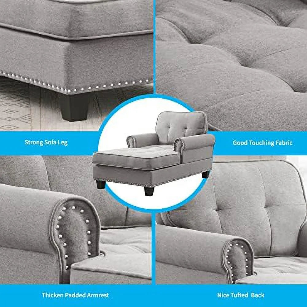 Linen Chaise Lounge Sofa Bed with Tufted Back for Small Spaces A879711