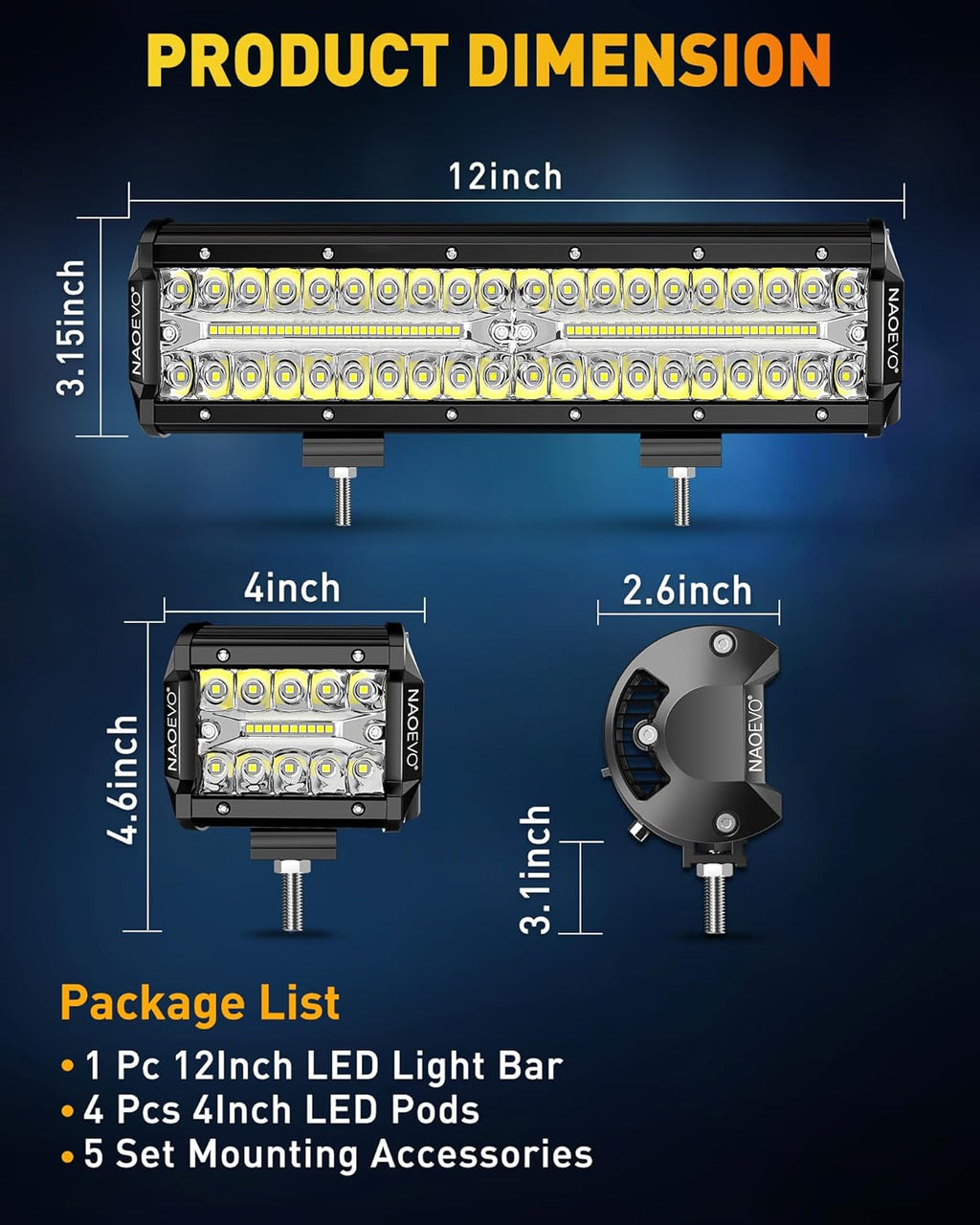 12 Inch LED Light Bar and 4PCS 4 Inch LED Pod Lights, 54000LM Off Road Lights K513