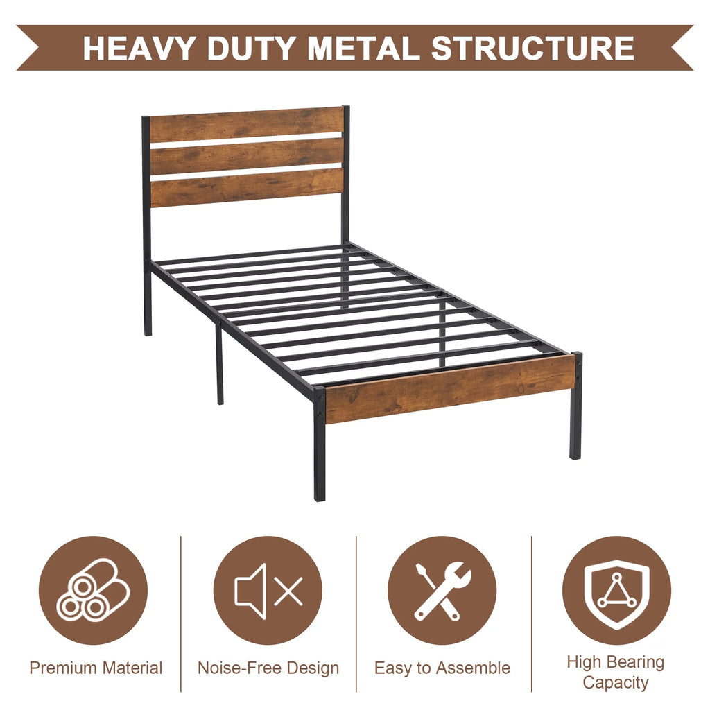 Twin Bed Frame with Wooden Headboard, Rustic Industrial Platform Bed D329