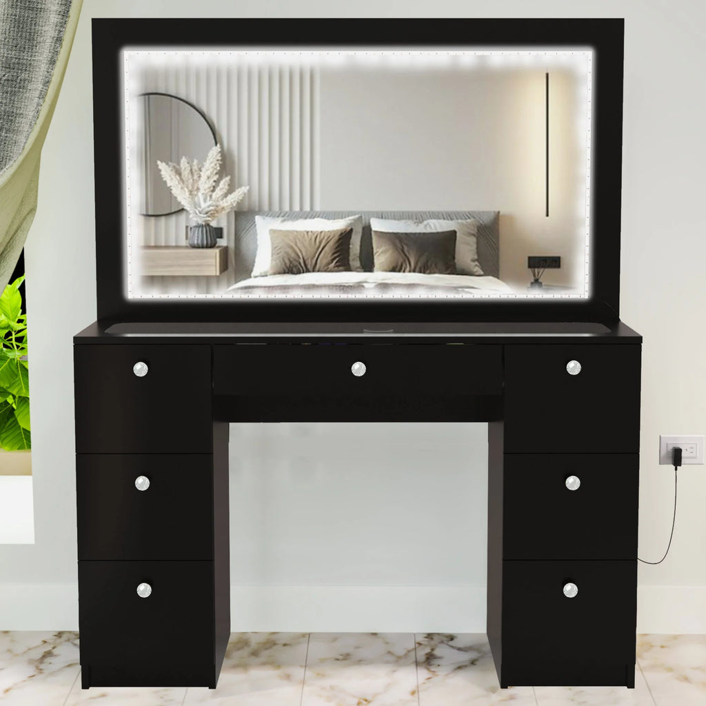 Modern Black Vanity Desk with LED Lights and Mirror D95088