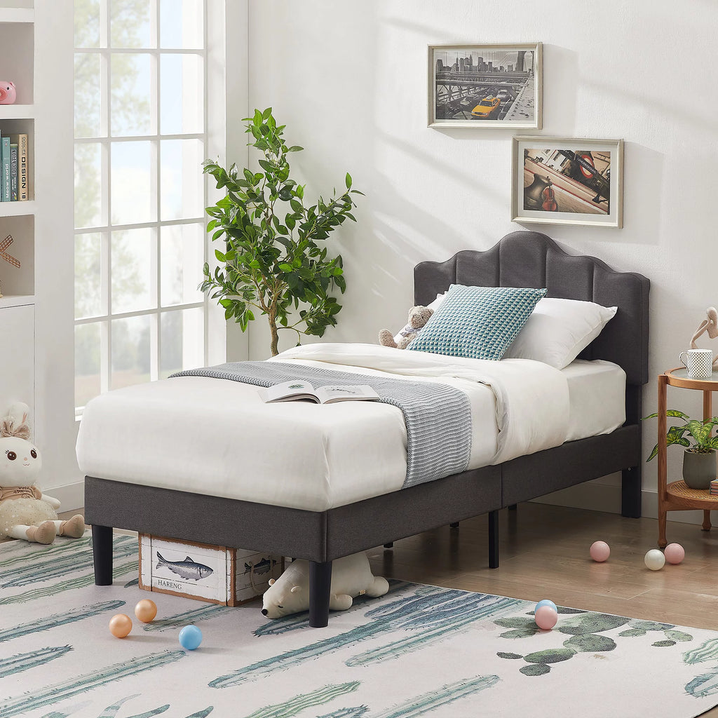 Twin Size Bed with Adjustable Headboard, Upholstered Platform Bed Frame, Dark Grey E687