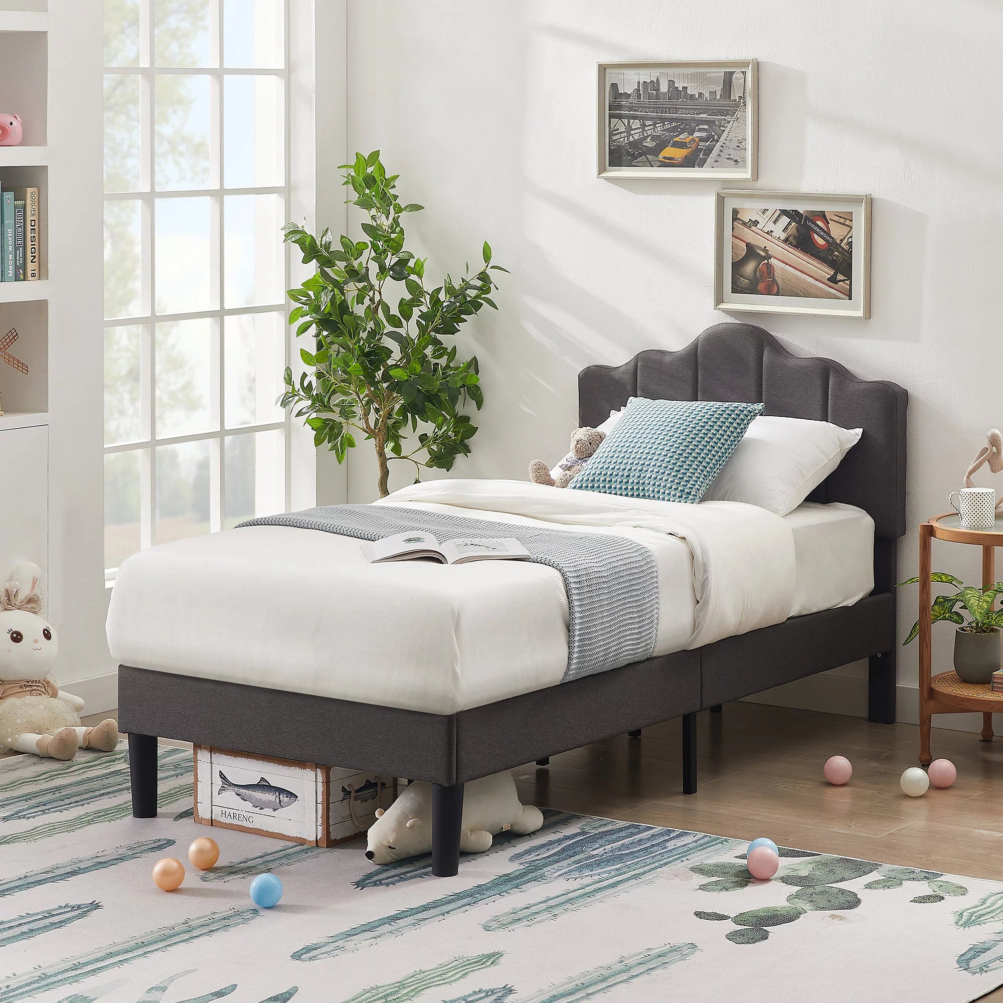 Twin Size Bed with Adjustable Headboard, Upholstered Platform Bed Frame, Dark Grey E687