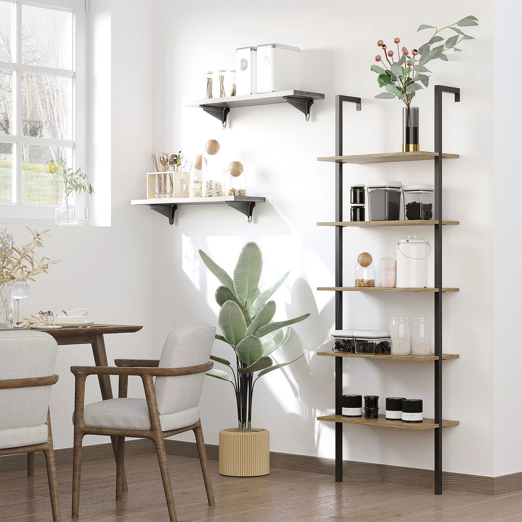 Industrial 5 Tier Wall Mount Ladder Shelf with Metal Frame, Corner Unit E10706