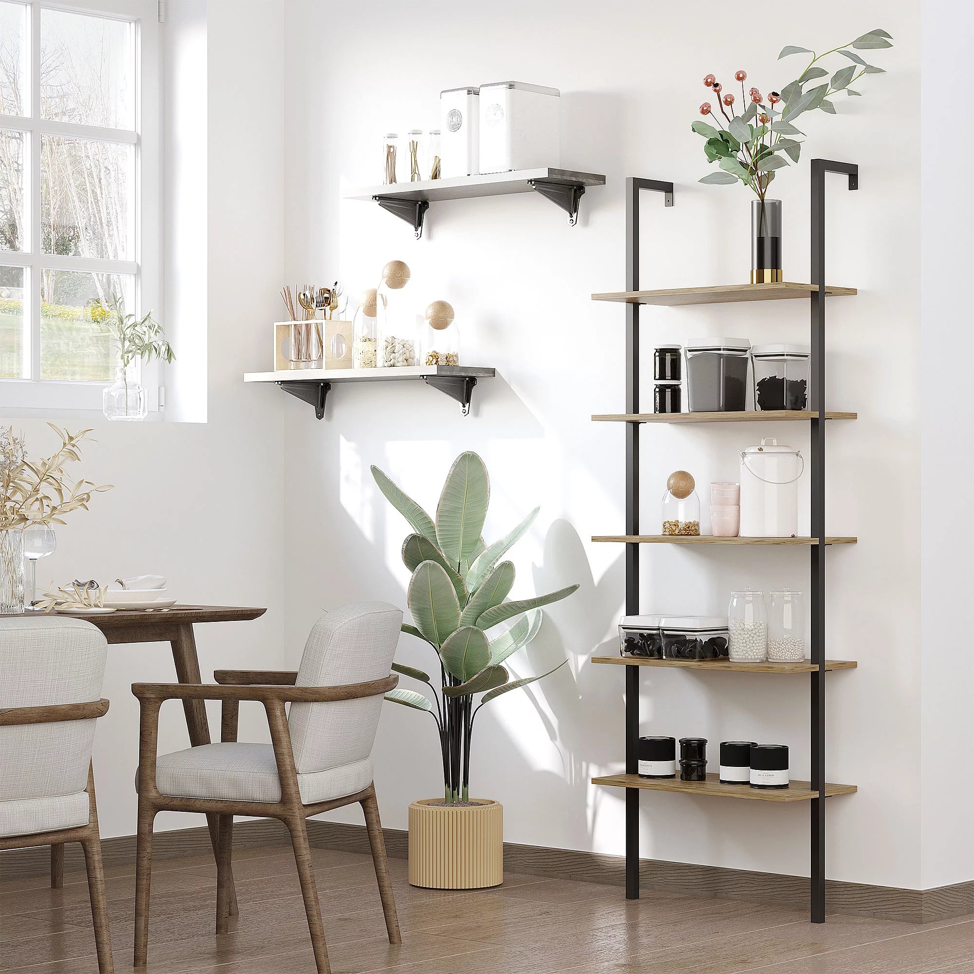 Industrial 5 Tier Wall Mount Ladder Shelf with Metal Frame, Corner Unit E10706