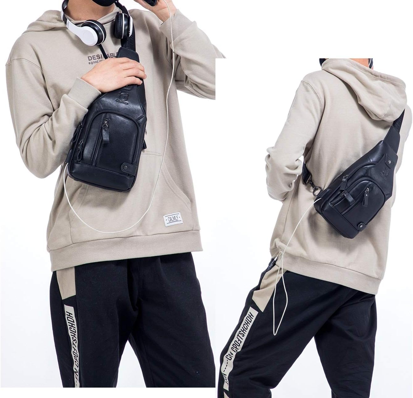 Men Sling Crossbody Bag with USB Charging Port Leather Shoulder Chest Bag E187600