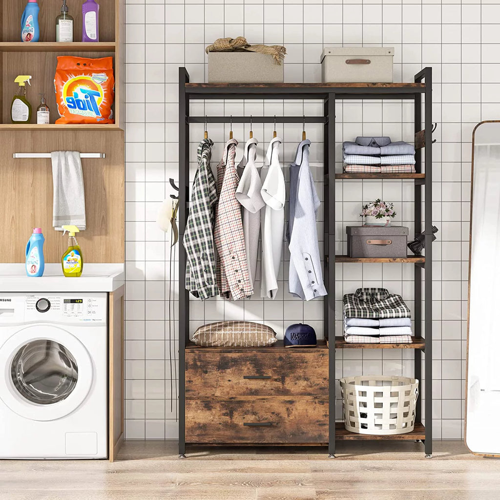 Freestanding Closet Organizer with Drawers and Shelves, Heavy Duty Garment Rack for Bedroom, Rustic Brown D331286