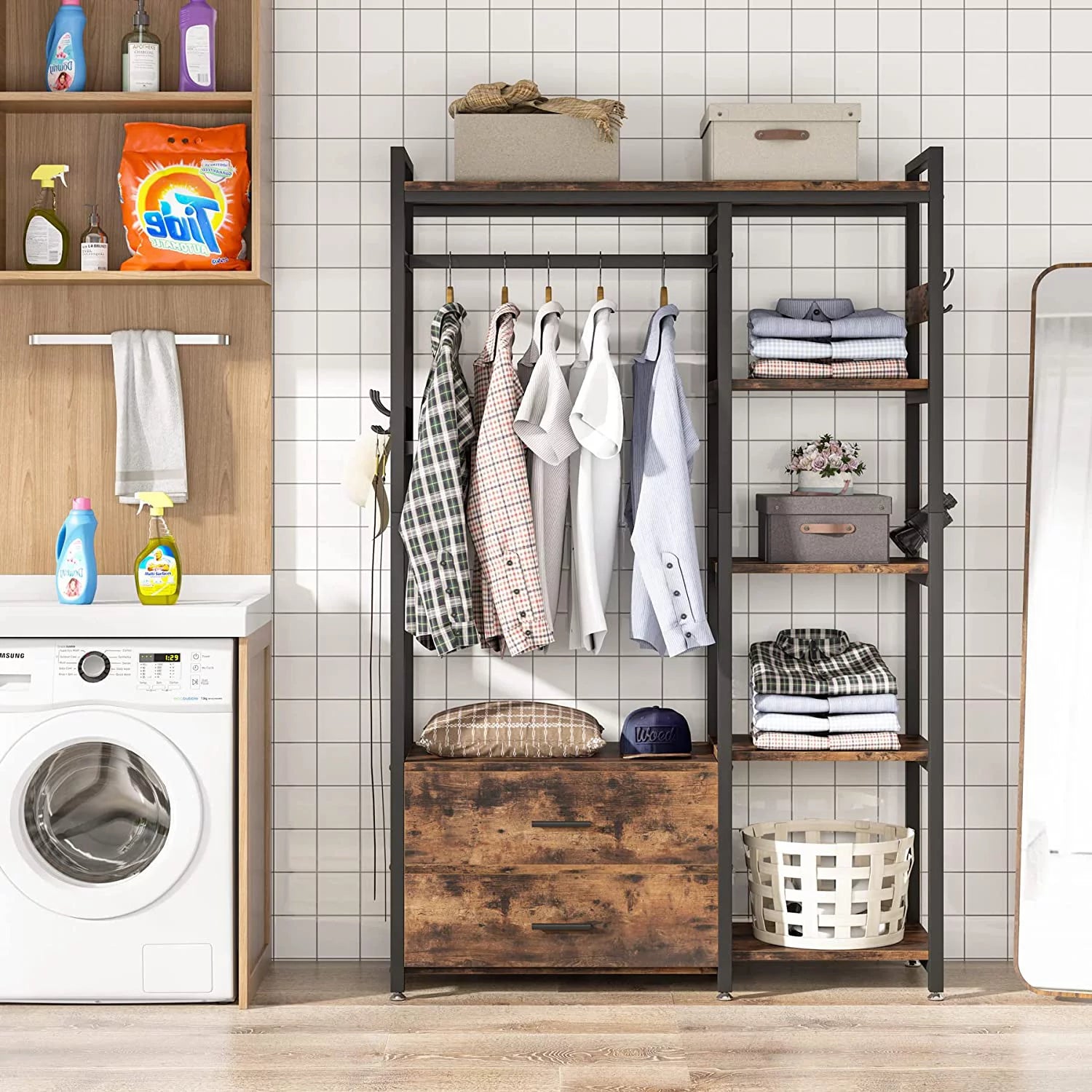 Freestanding Closet Organizer with Drawers and Shelves, Heavy Duty Garment Rack for Bedroom, Rustic Brown D331286