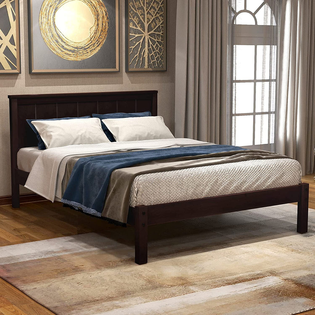 Solid Wood Platform Bed Frame with Headboard and Slat Support, Espresso P7697