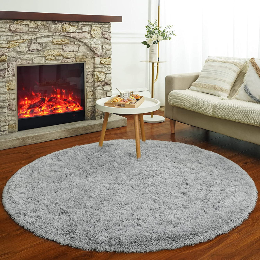 Luxury Round Fluffy Area Rug for Bedroom, Super Soft Shaggy Carpet, 5'x5', Gray R140