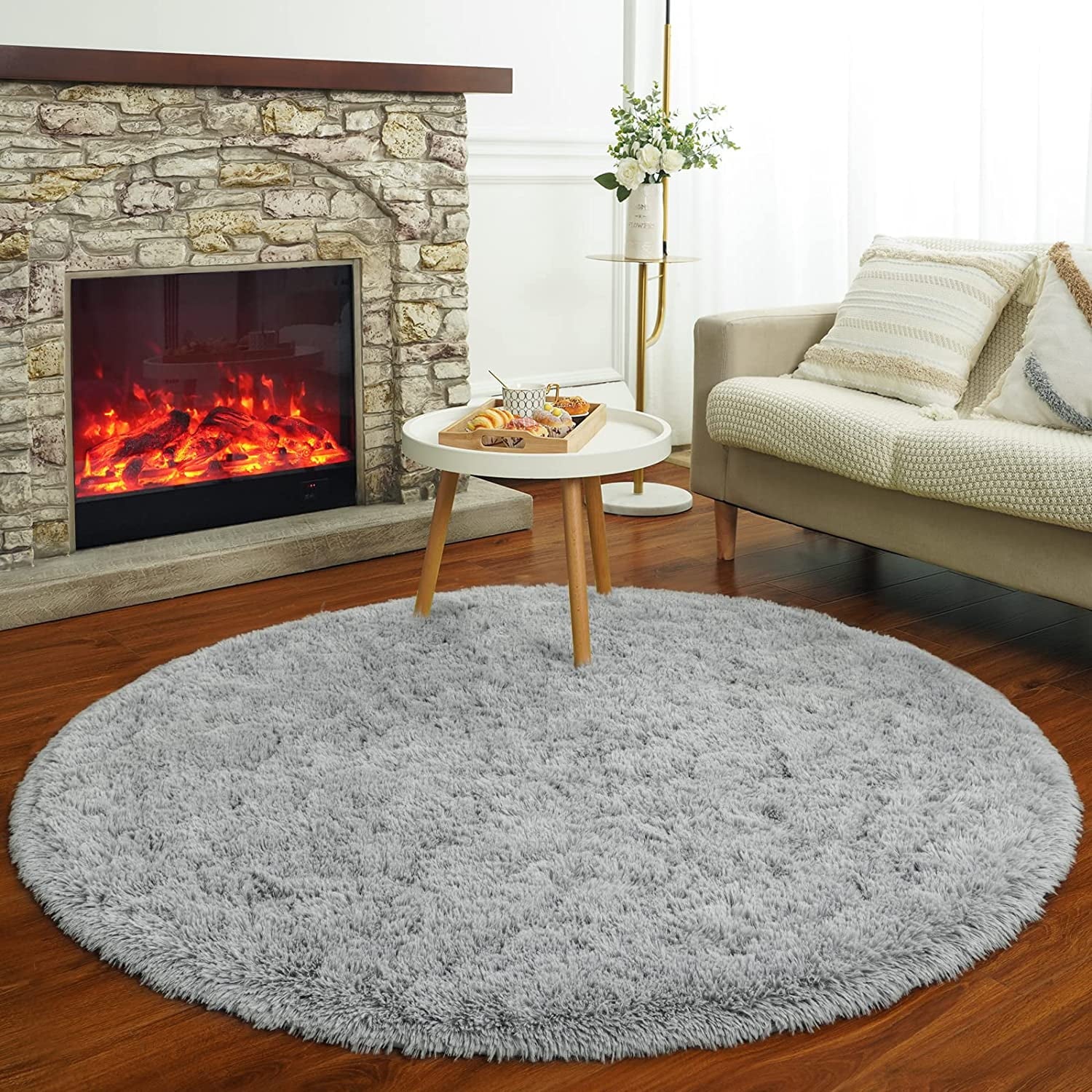 Luxury Round Fluffy Area Rug for Bedroom, Super Soft Shaggy Carpet, 5'x5', Gray R140