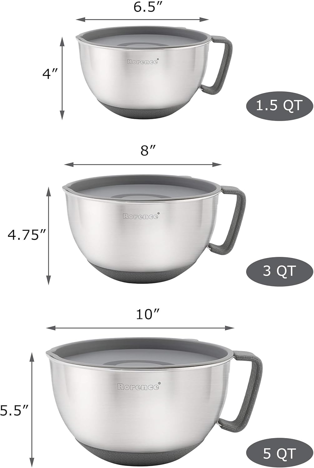 Mixing Bowls Set with Pour Spout, Handle and Lid - Set of 3 - Gray B789502
