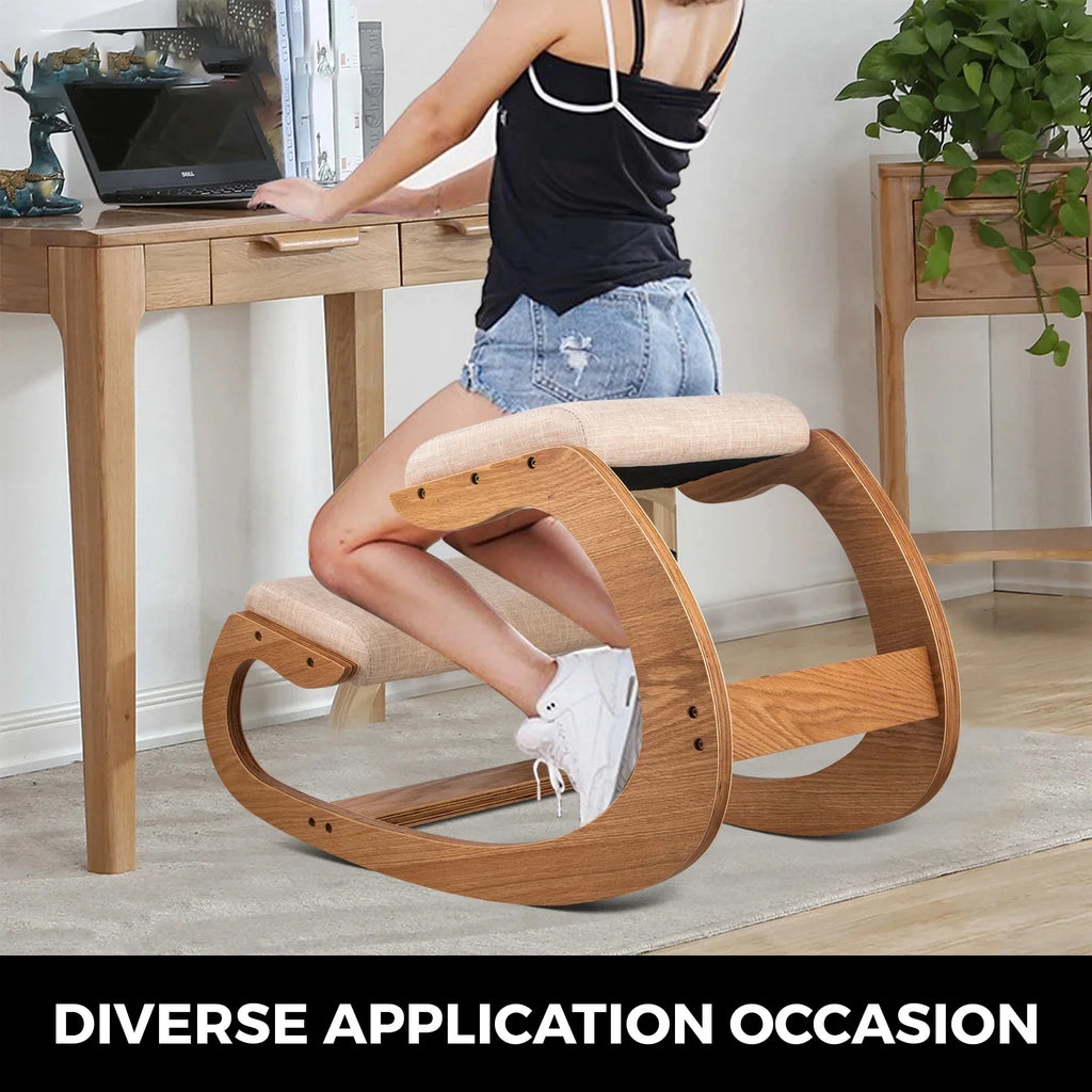 Ergonomic Rocking Wooden Kneeling Chair Stool with Thick Cushion, White Oak Frame X736798