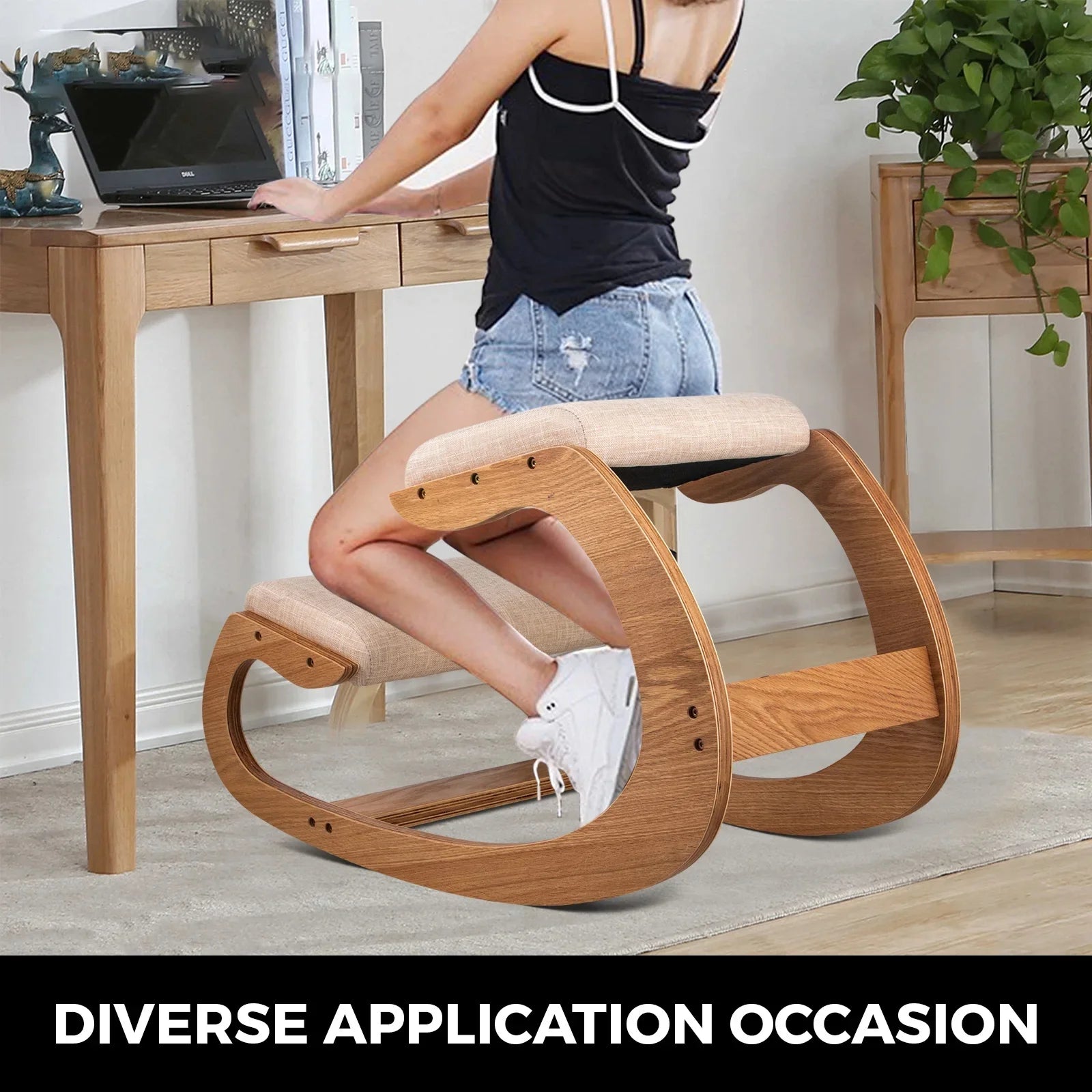 Ergonomic Rocking Wooden Kneeling Chair Stool with Thick Cushion, White Oak Frame X736798
