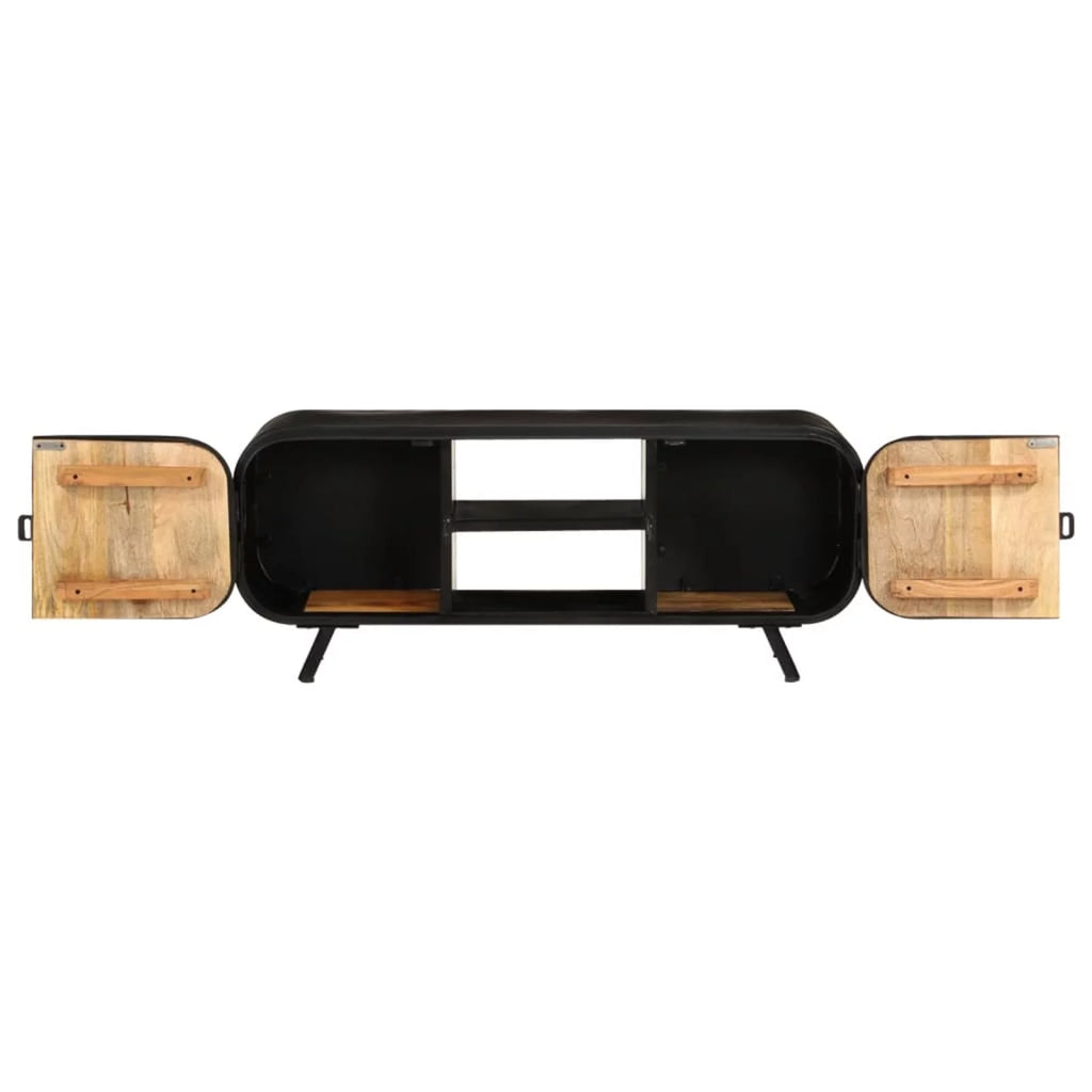 TV Stand with 2 Compartments and 2 Shelves, Mango Wood, Iron Legs K3015