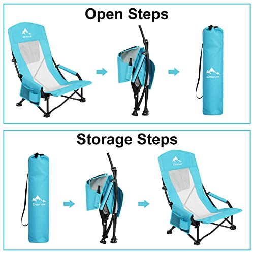 Folding Portable Beach Chair, High Back Low Seat Lightweight, Full Mesh Back with Cup Holder and Carry Bag, 2 Pcs B105883