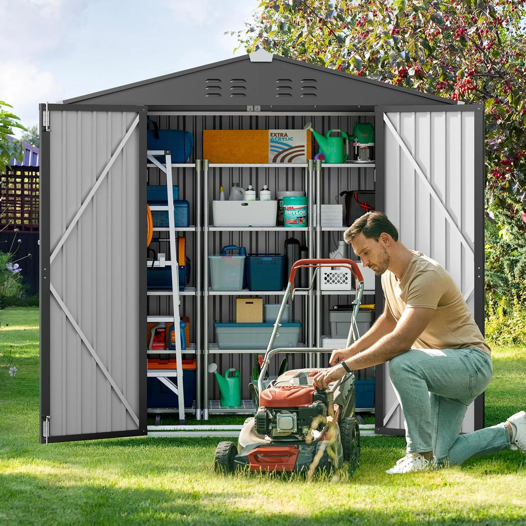 Outdoor Storage Shed with Base Frame, Metal Garden Shed, Dark Gray I45016