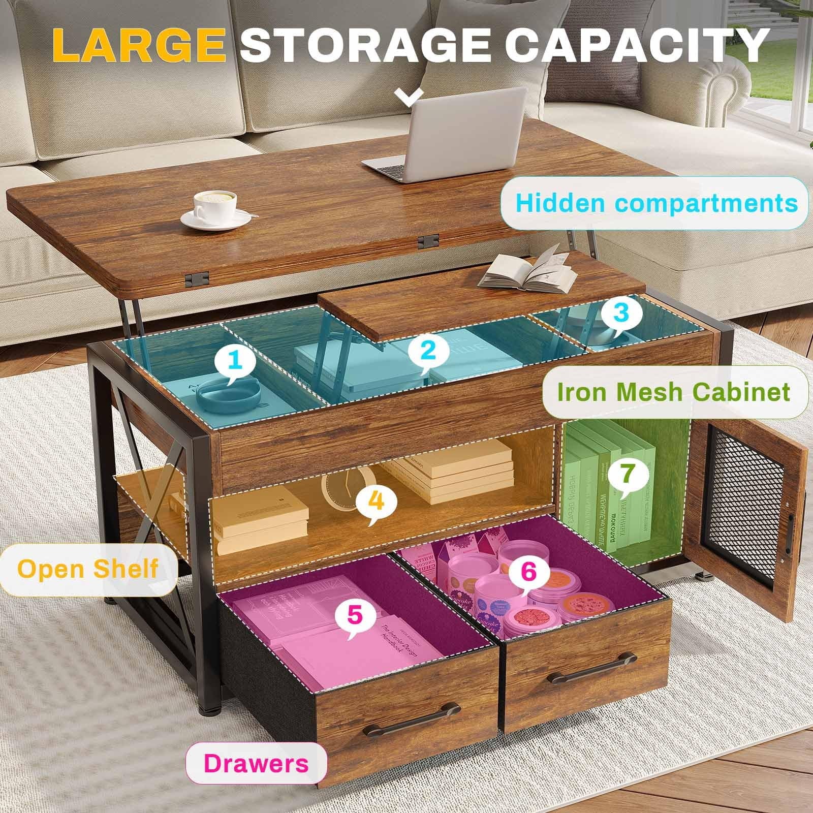 40" Lift Top Coffee Table with Storage Cabinet and 2 Fabric Drawers C61872