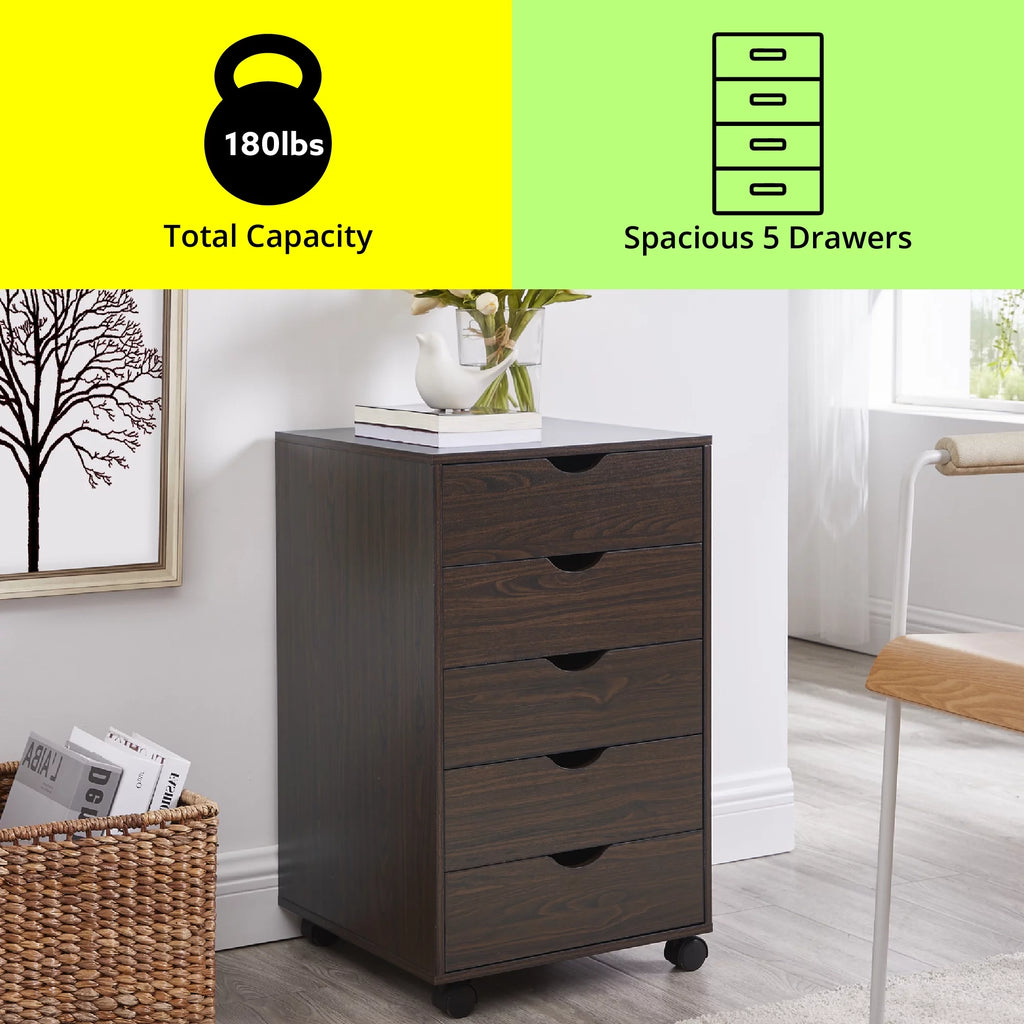 Taylor 5 Drawers Chest, Wood Storage Dresser with Wheels, Craft Storage Organization and Storage Drawers Drawer Unit Makeup Drawer Cabinet Craft Drawers 5 Drawer Dresser Office Drawer Unit - Espresso