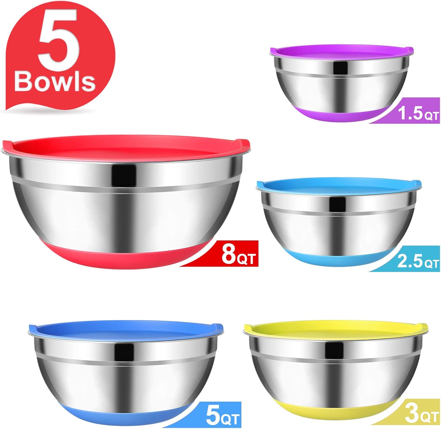 Mixing Bowls with Airtight Lids, Set of 5, Stainless Steel with Non-Slip Silicone Bottom X97975