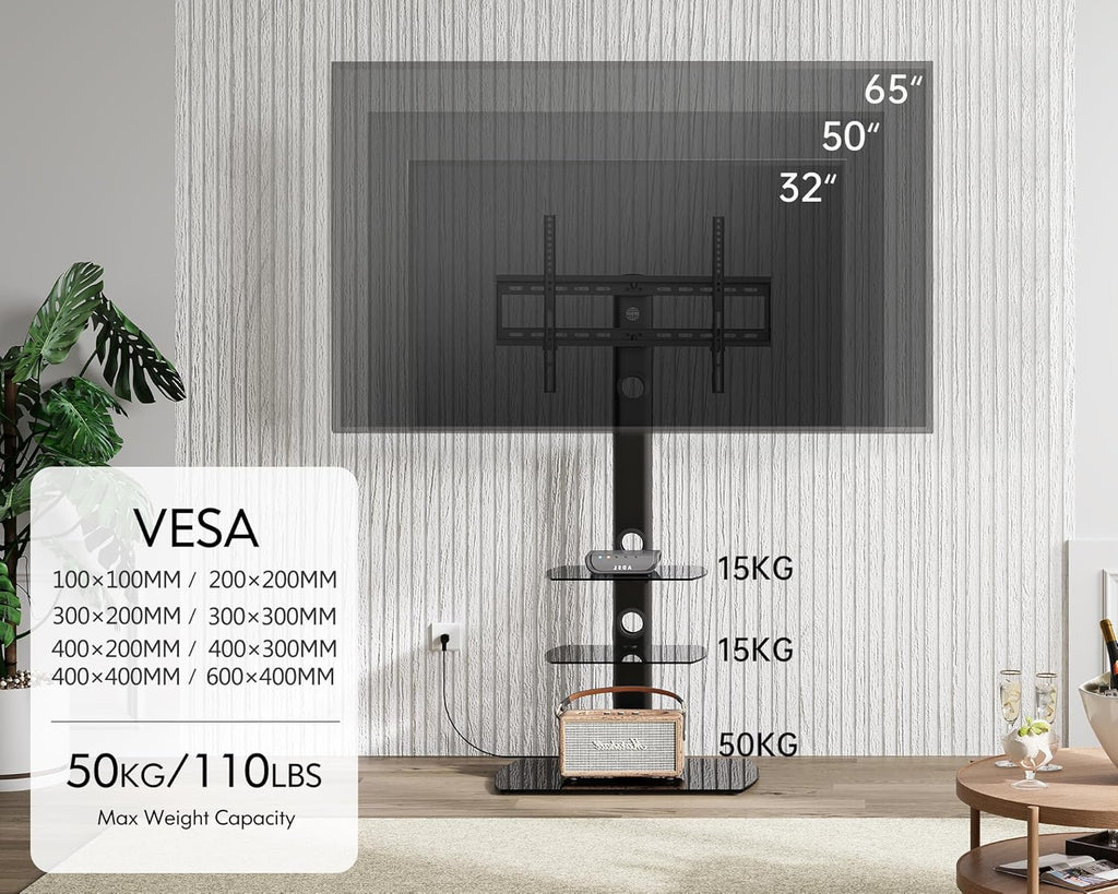 Universal Floor TV Stand Height Adjustable Swivel Mount for 32-70 Inch TVs, Tempered Glass Base, Black C354