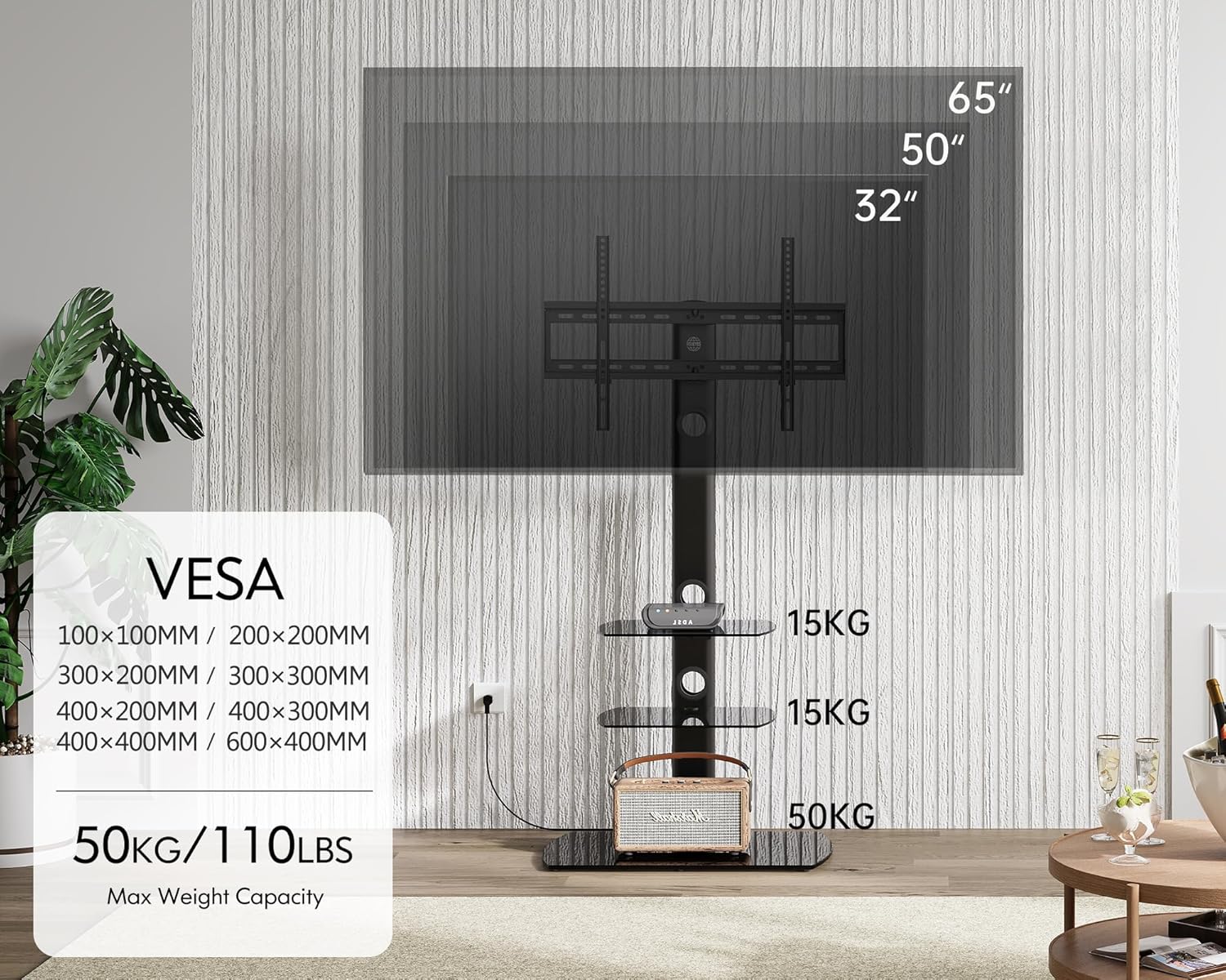 Universal Floor TV Stand Height Adjustable Swivel Mount for 32-70 Inch TVs, Tempered Glass Base, Black C354