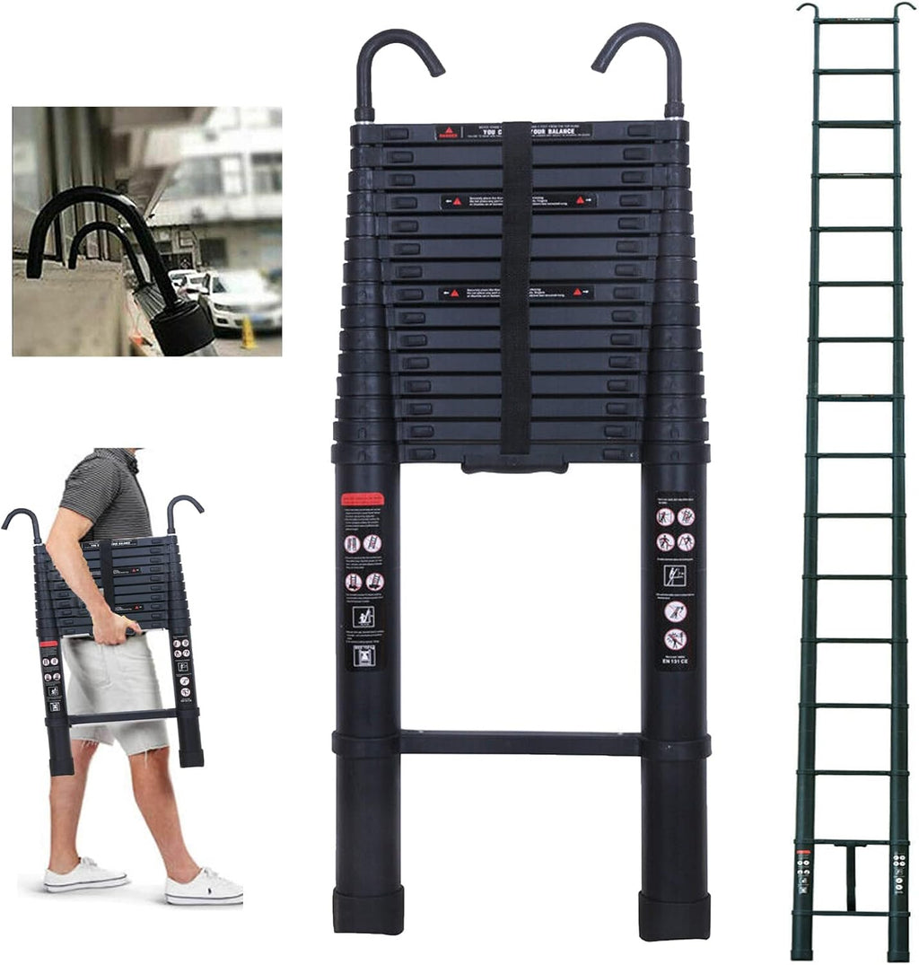 20 FT Aluminum Telescoping Ladder with 2 Detachable Roof Hooks(2.8 inch), Lightweight Telescopic Extension Ladder for Home, Multi-Purpose Rv Ladder Loft Ladder Max 330 Lb Capacity, EN131 Certificated