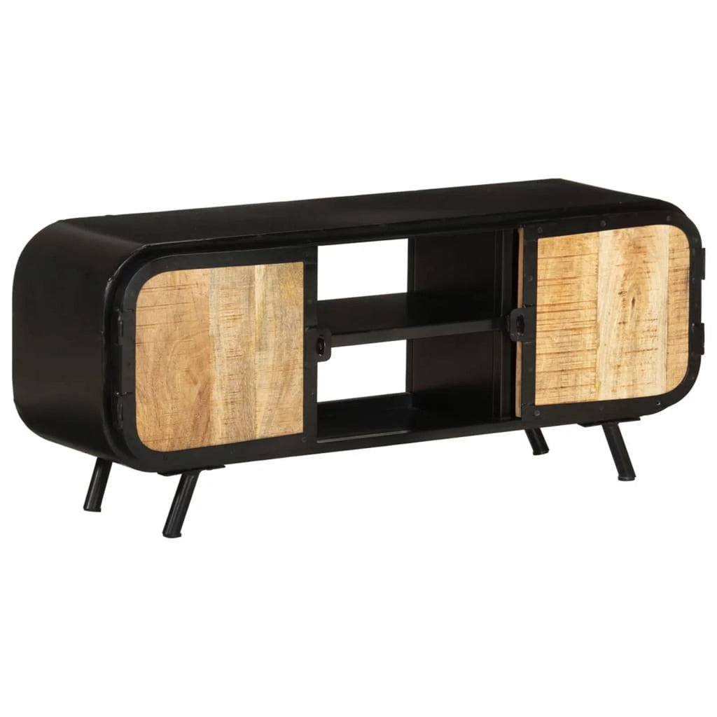 Anself TV Stand with 2 Compartments and 2 Storage Shelves Rough Mango Wood Television Cabinet Sofa End Side Table Iron Legs for Living Room Home Furniture 43.3 x 11.8 x 17.7 Inches (L x W x H)