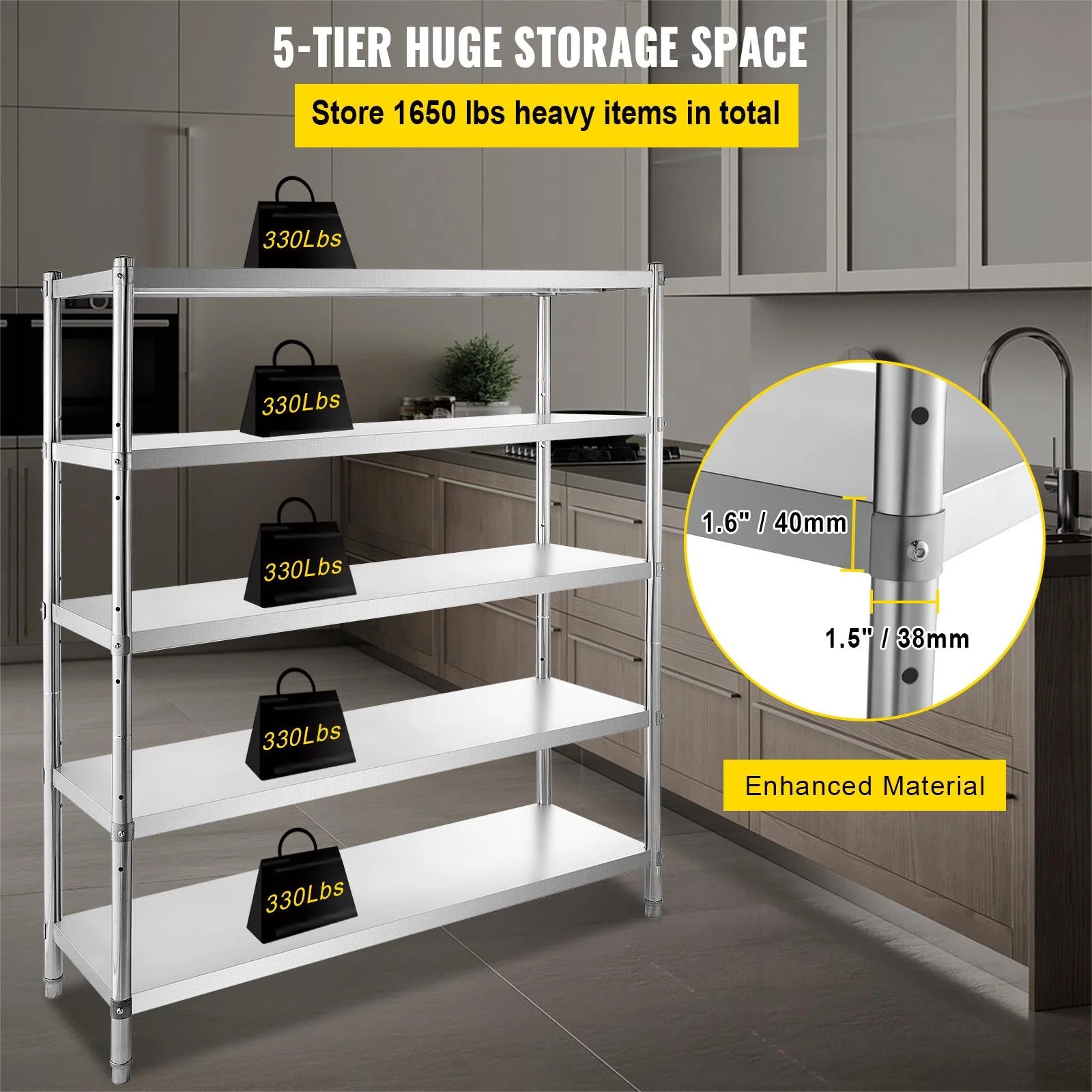 5-Tier Stainless Steel Shelving Unit 60x18.5 inch P13361