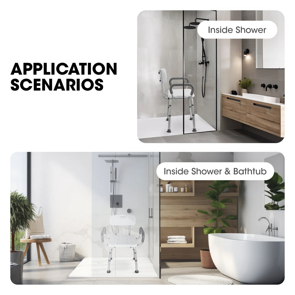 Shower Chair with Back and Padded Armrests, 6-Level Adjustable Height Q673