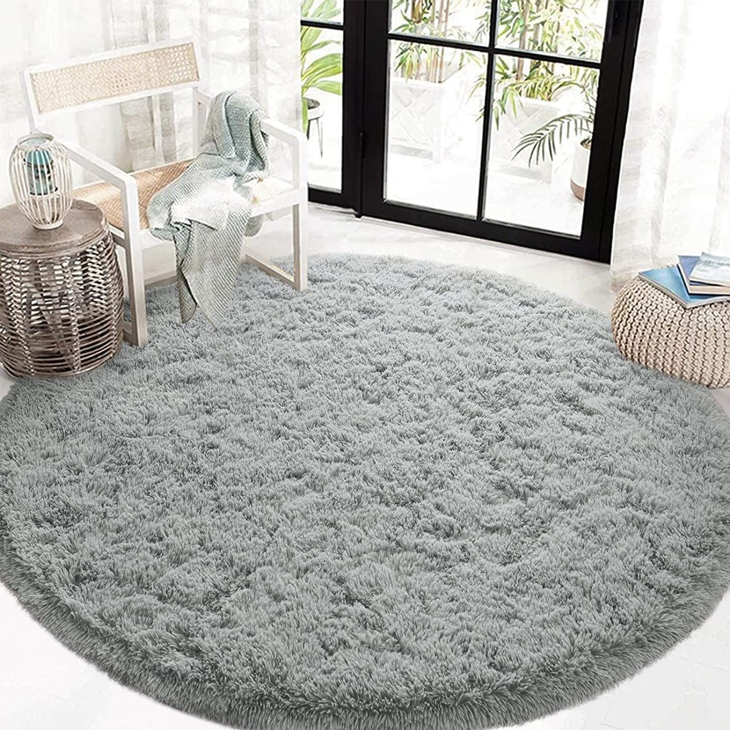 Luxury Round Fluffy Area Rug for Bedroom, Super Soft Shaggy Carpet, 5'x5', Gray R140