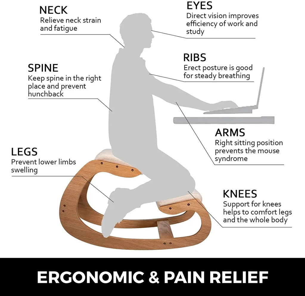Ergonomic Rocking Wooden Kneeling Chair Stool with Thick Cushion, White Oak Frame X736798