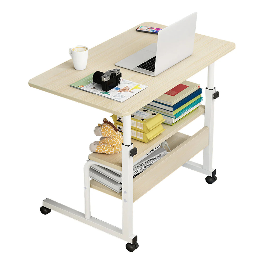 iMounTEK Laptop Desk 3-Tier Mobile Laptop Table 35in Height Adjustable C Side Snack Table with Rolling Wheels for Couch Bed Sofa Living Room Bedroom, Beige
