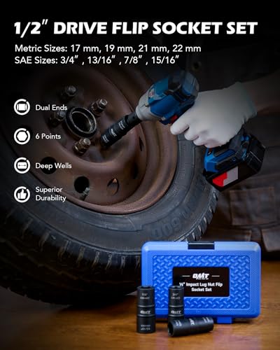 Lug Nut Socket Set, 5pc 1/2" Drive Impact Flip Socket Set, Metric & SAE, Double Ended Thin Wall with 3" Extension Bar J23651