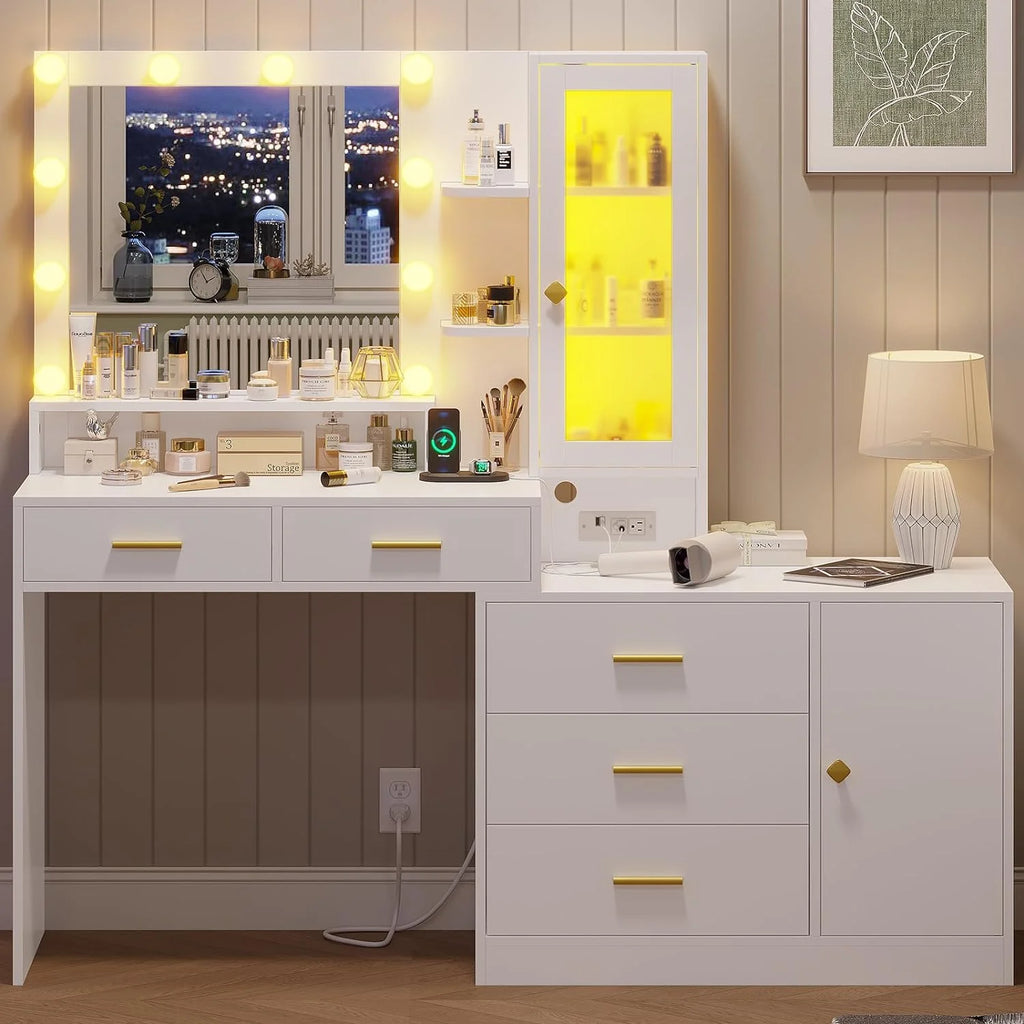 Vanity Desk with Drawers, Makeup Table with Mirror and Charging Station, White X15717