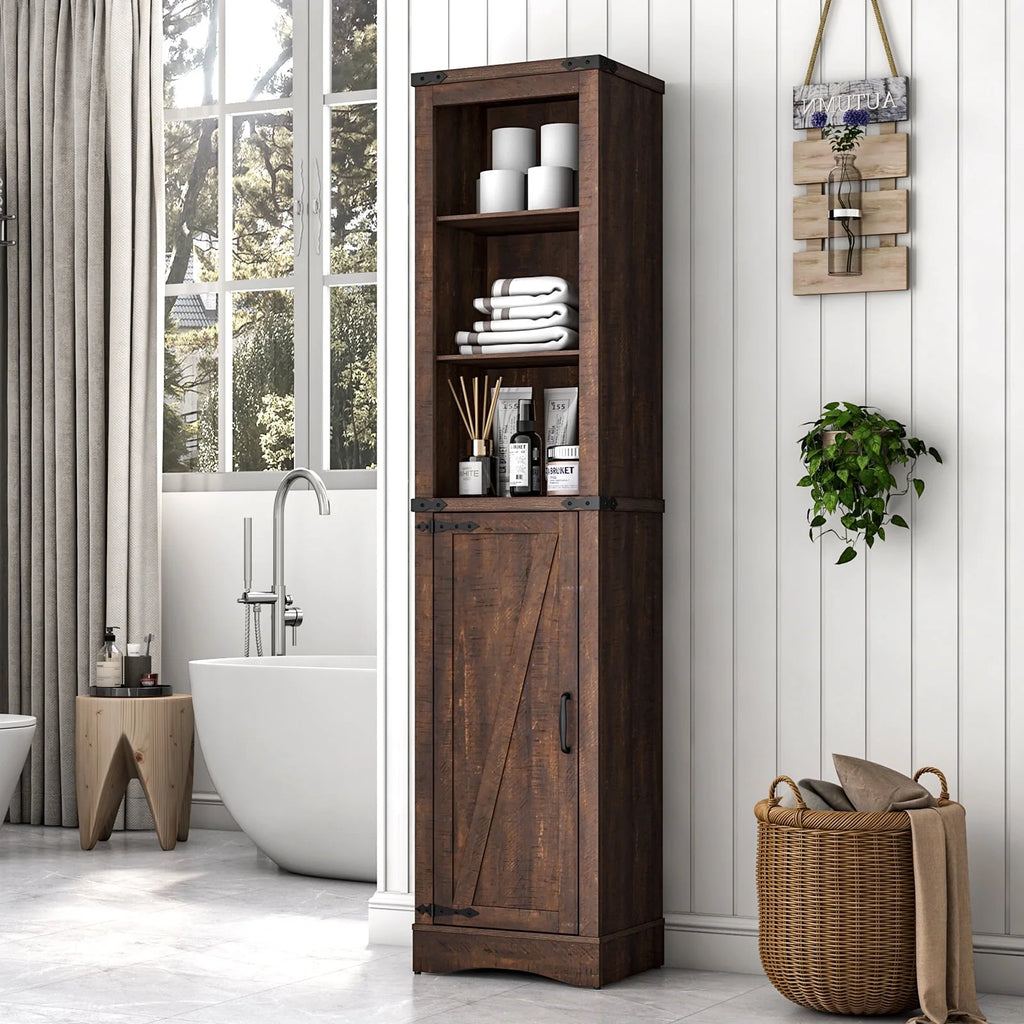 ChVans Farmhouse Storage Cabinet, 5-Shelf Tall Bathroom Organizer w/Barn Door & Adjustable Shelves, Versatile Storage for Home, Laundry, Utility Room, Brown