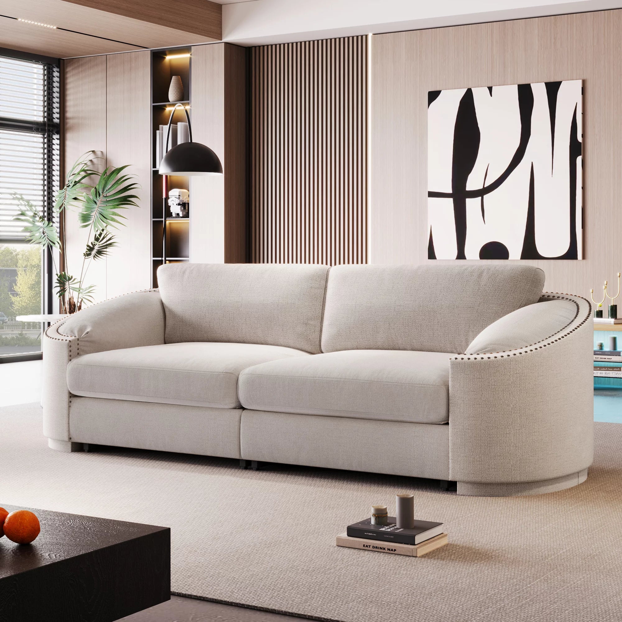 Upholstered 3-Seater Sofa Couch with Semilunar Arm, Beige M669