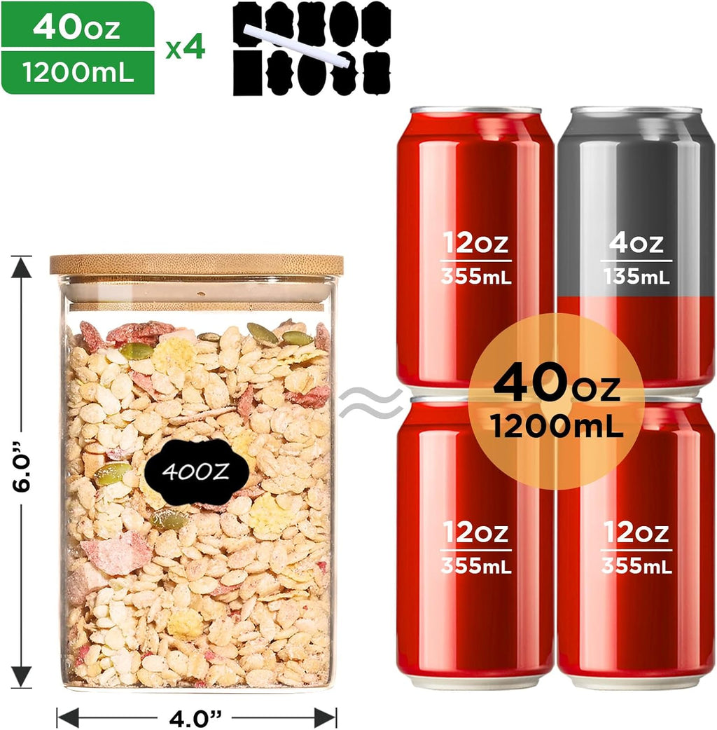 Glass Food Storage Jars with Bamboo Lids, Airtight Kitchen Container Set of 4 K271081