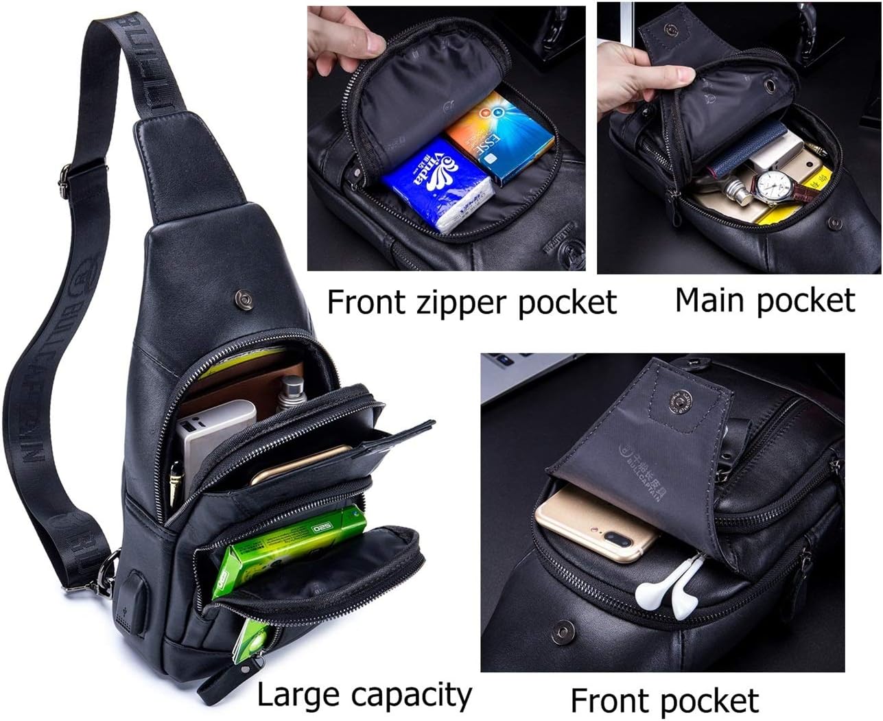 Men Sling Crossbody Bag with USB Charging Port Leather Shoulder Chest Bag E187600