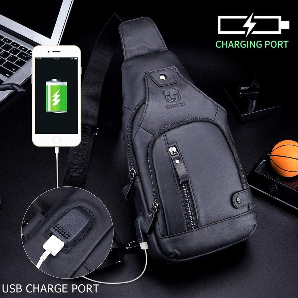 Men Sling Crossbody Bag with USB Charging Port Leather Shoulder Chest Bag E187600