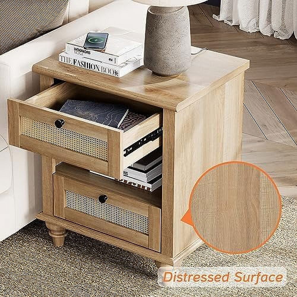 Rattan Nightstand End Table with Charging Station and 2 Drawers T753